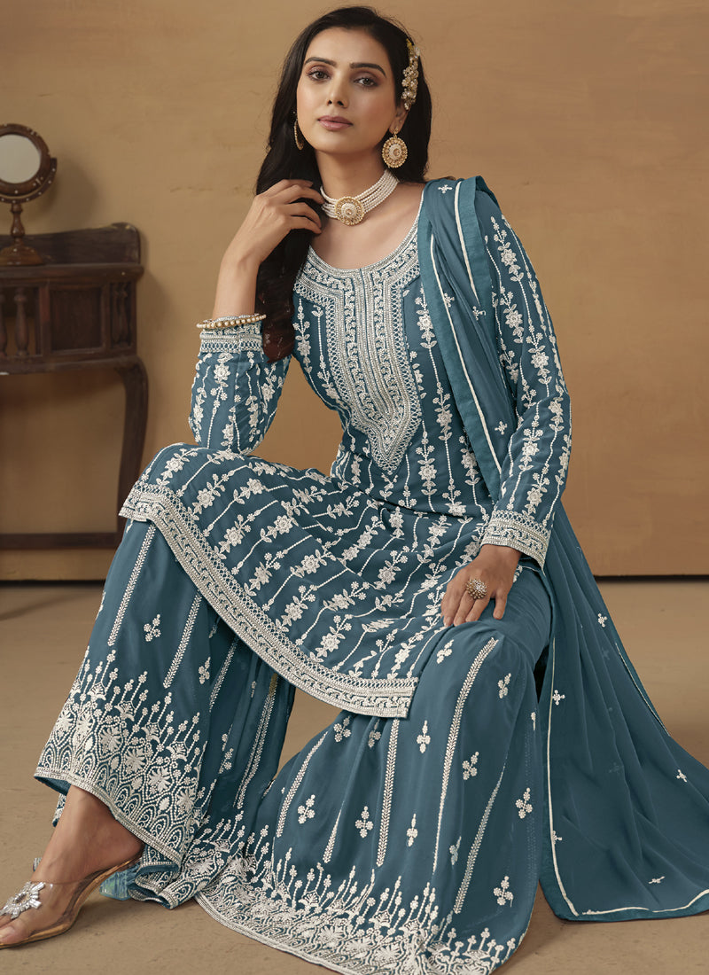 Vegaa Fashion Designer Grey Faux Georgette Embroidery Sharara Suit