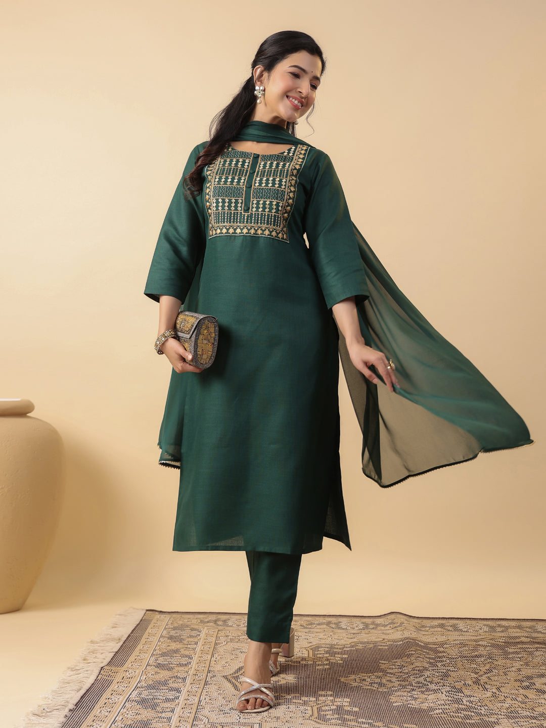 Janasya Straight Magics Slub Dark Green Yoke Embroidery Round Neck Kurta,Bottom & Dupatta