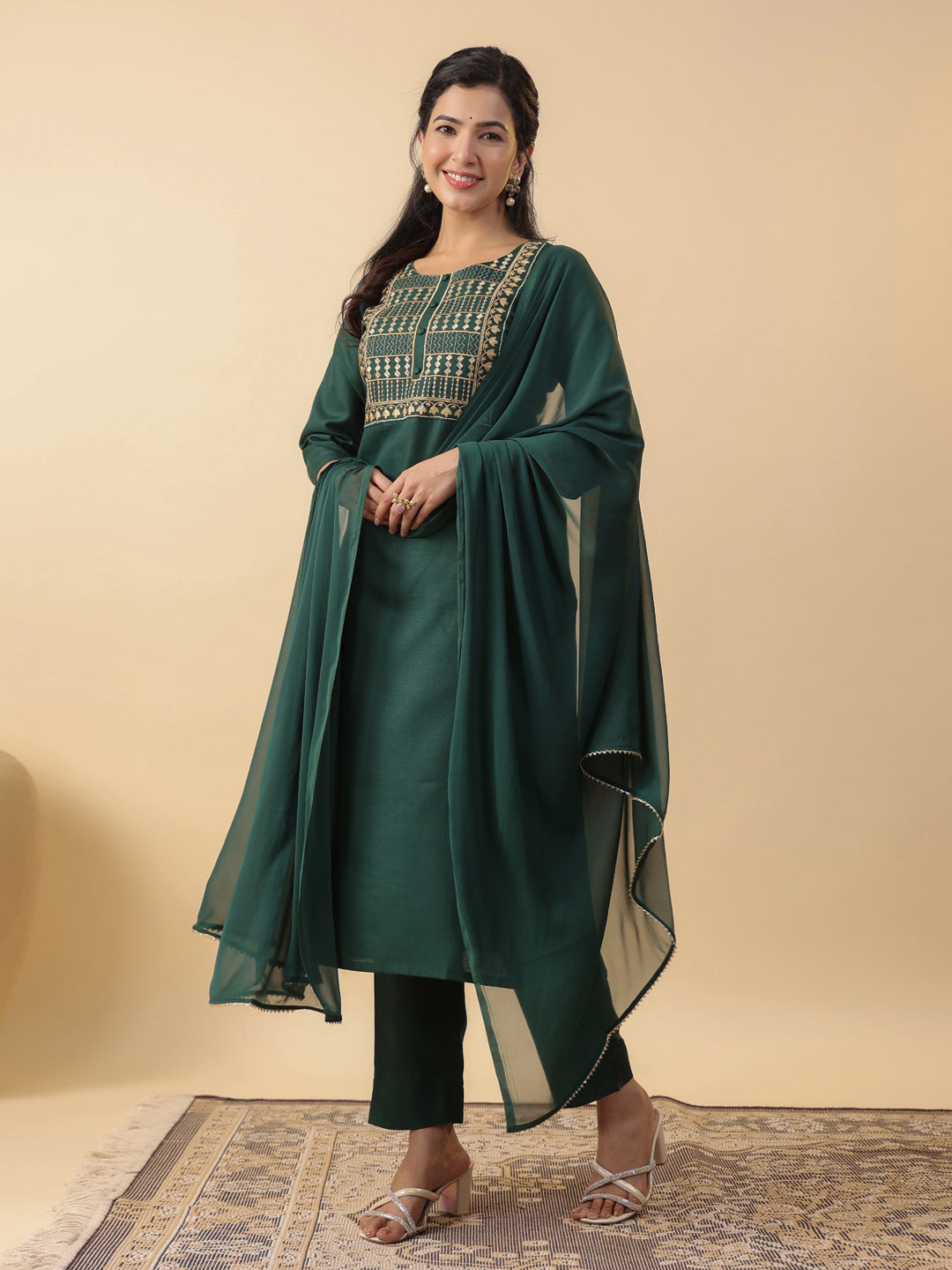 Janasya Straight Magics Slub Dark Green Yoke Embroidery Round Neck Kurta,Bottom & Dupatta