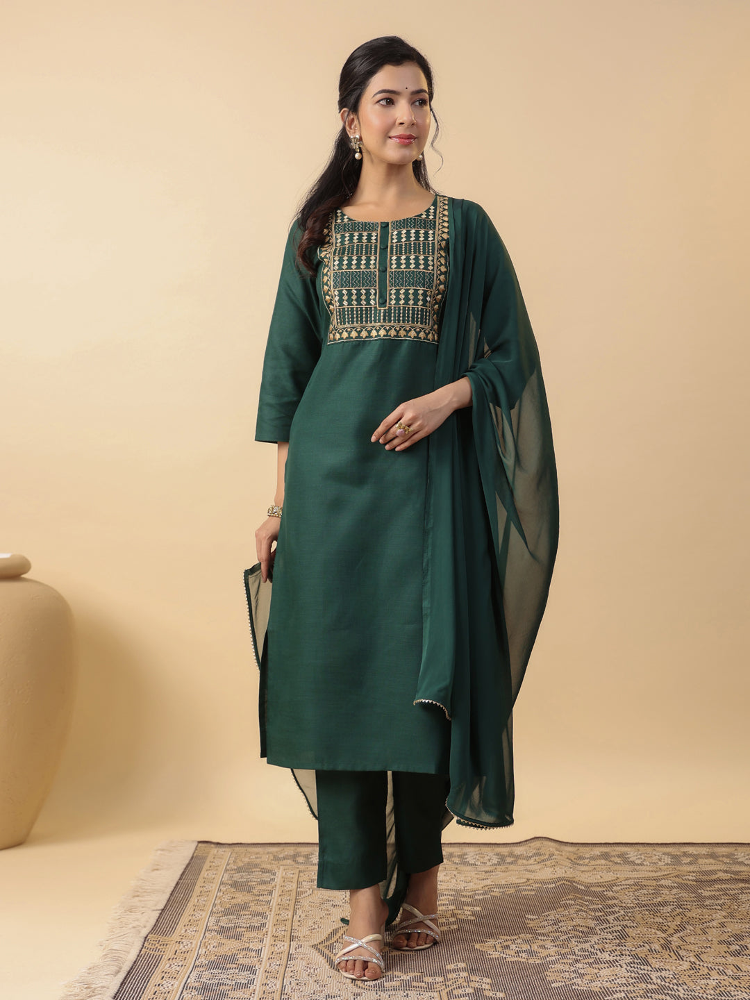 Janasya Straight Magics Slub Dark Green Yoke Embroidery Round Neck Kurta,Bottom & Dupatta