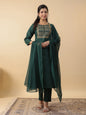 Janasya Straight Magics Slub Dark Green Yoke Embroidery Round Neck Kurta,Bottom & Dupatta