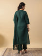 Janasya Straight Magics Slub Dark Green Yoke Embroidery Round Neck Kurta,Bottom & Dupatta