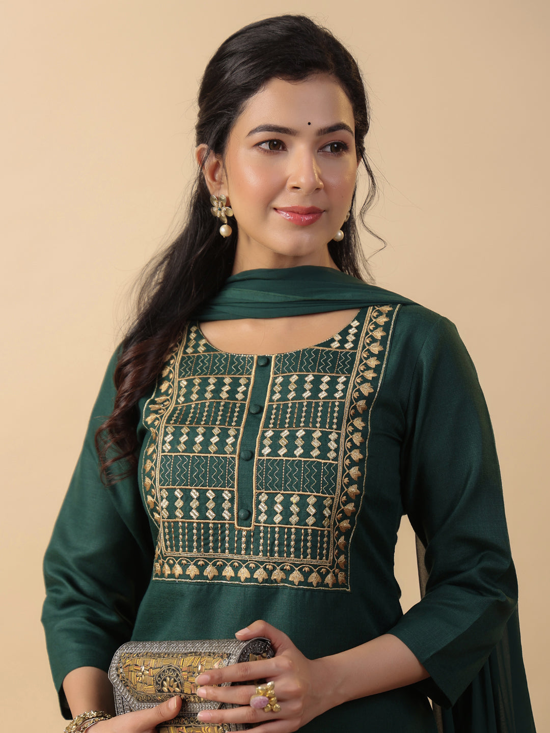 Janasya Straight Magics Slub Dark Green Yoke Embroidery Round Neck Kurta,Bottom & Dupatta