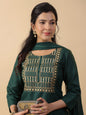 Janasya Straight Magics Slub Dark Green Yoke Embroidery Round Neck Kurta,Bottom & Dupatta