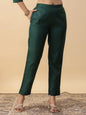 Janasya Straight Magics Slub Dark Green Yoke Embroidery Round Neck Kurta,Bottom & Dupatta