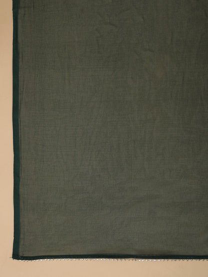 Janasya Straight Magics Slub Dark Green Yoke Embroidery Round Neck Kurta,Bottom & Dupatta