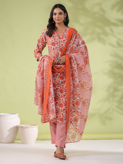 Janasya Regular Poly Cotton Off White Ethnic Motifs Round Neck Kurta Set
