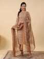 Janasya Straight Biscuit Slub Brown Ethnic Motifs Band Collar Kurta,Bottom & Dupatta