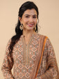 Janasya Straight Biscuit Slub Brown Ethnic Motifs Band Collar Kurta,Bottom & Dupatta