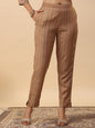 Janasya Straight Biscuit Slub Brown Ethnic Motifs Band Collar Kurta,Bottom & Dupatta