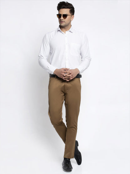 Jainish Men's Brown Tapered Fit Formal Trousers