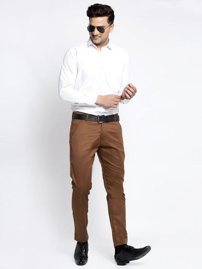 Jainish Men's Brown Tapered Fit Formal Trousers