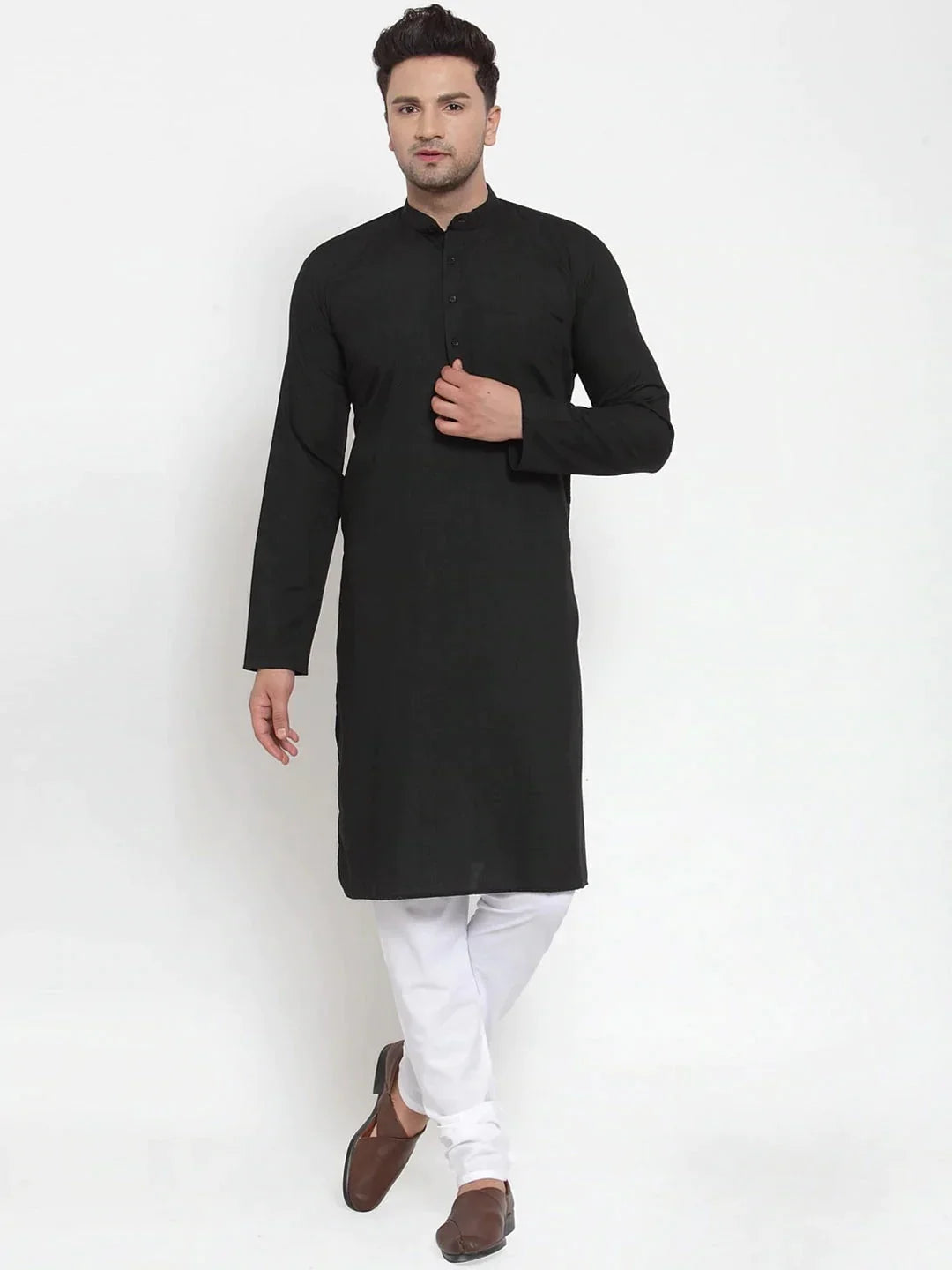 Jompers Men's Black Cotton Solid Kurta Payjama Sets