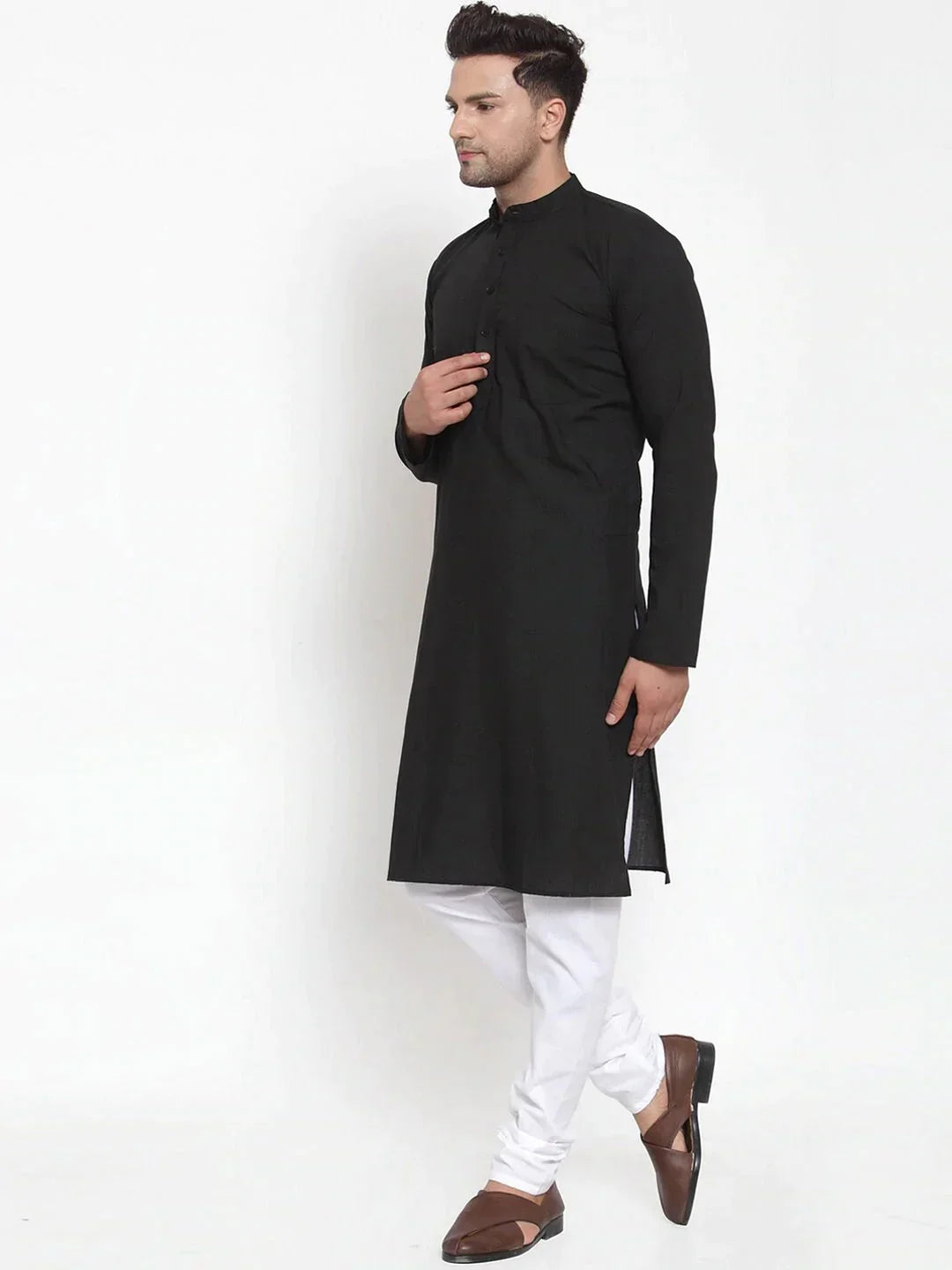 Jompers Men's Black Cotton Solid Kurta Payjama Sets