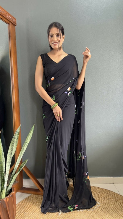 Aayaa Designer 1 min Hand Painted Ready to Wear saree - Black