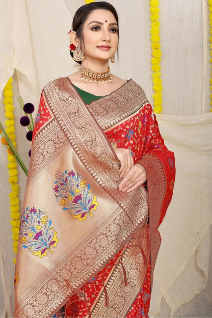 Jyoti Fashion Women's Red Patola Silk Zari Woven Saree with Blouse
