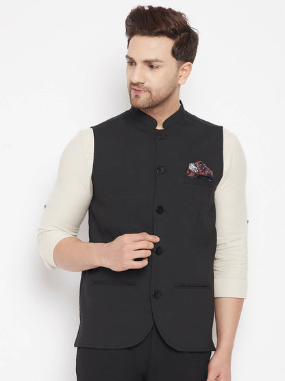 Even Apparels Black Merino Men's Nehru Jacket-Contrast Lining-Inbuilt Pocket Square