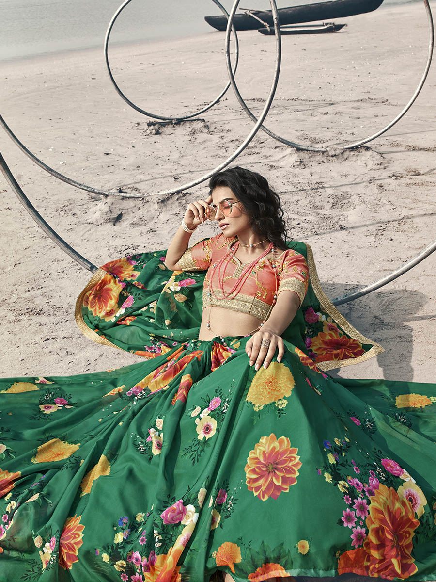 Myra Rama Green Organza Printed & Embroidered Lehenga