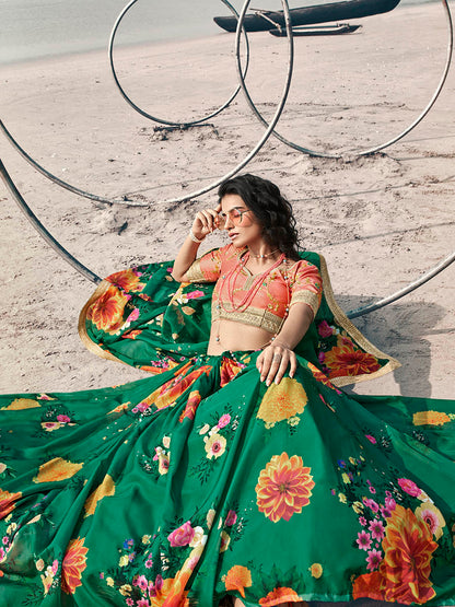 Myra Rama Green Organza Printed & Embroidered Lehenga