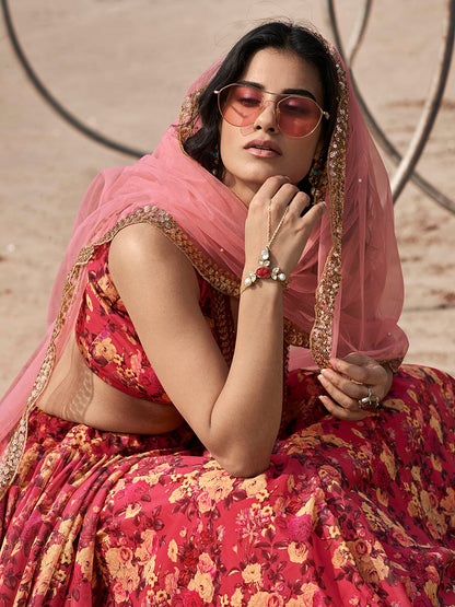 Myra Gajeri Red Organza Printed Lehenga