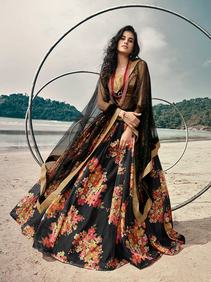 Myra Black Organza Printed Lehenga