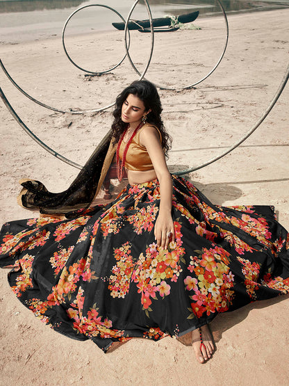 Myra Black Organza Printed Lehenga