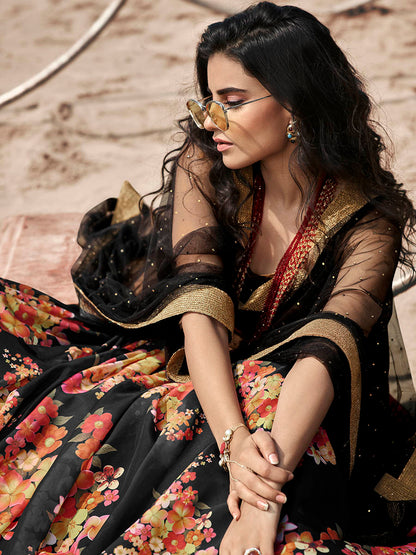 Myra Black Organza Printed Lehenga