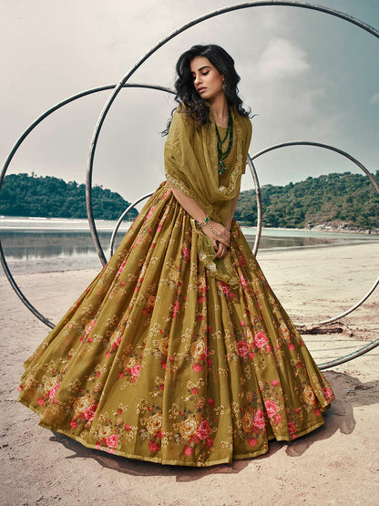 Myra Olive Green Organza Printed & Embroidered Lehenga