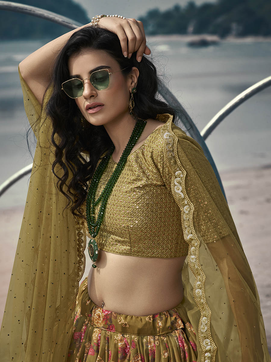 Myra Olive Green Organza Printed & Embroidered Lehenga