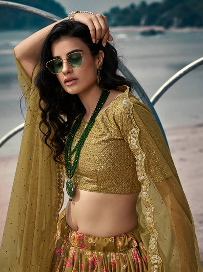 Myra Olive Green Organza Printed & Embroidered Lehenga