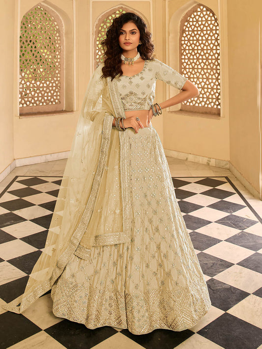 Myra Beige Organza Embroidered Lehenga Choli