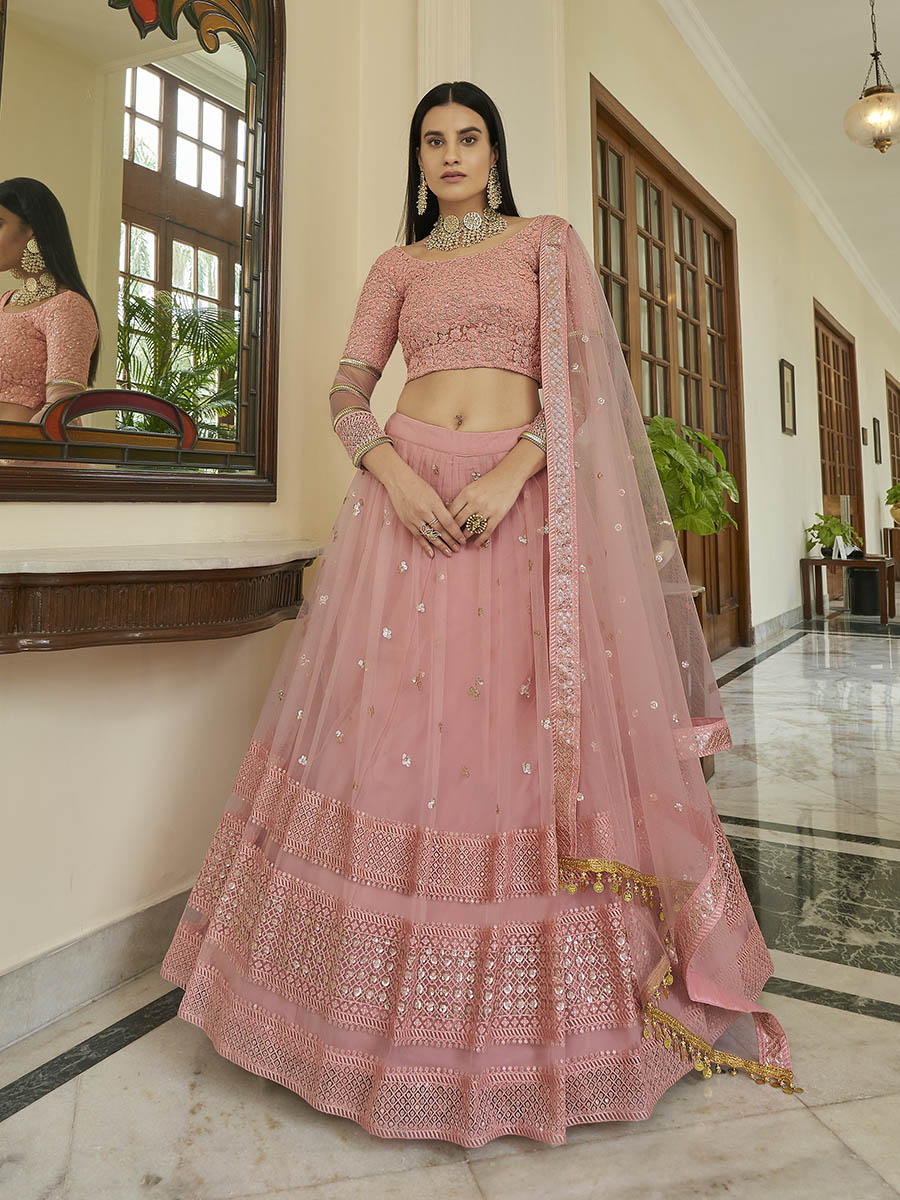 Myra Peach Soft Net Embroidered Lehenga