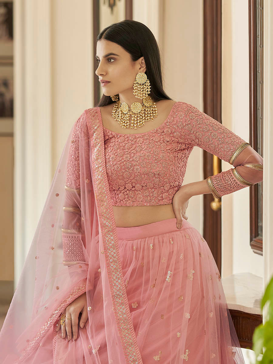 Myra Peach Soft Net Embroidered Lehenga
