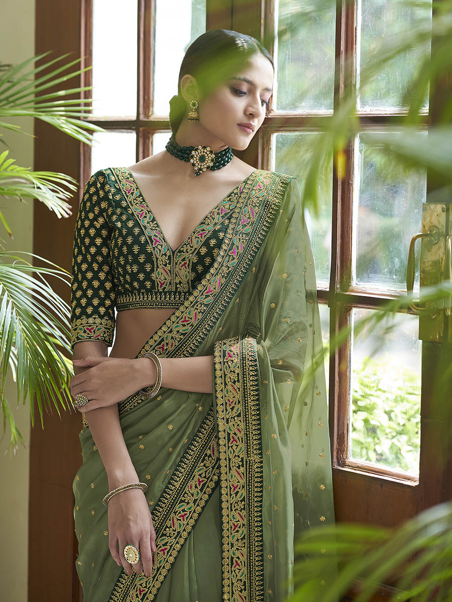 Myra Olive Green Embroidered Organza Fancy Saree