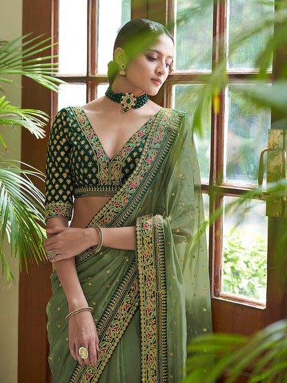 Myra Olive Green Embroidered Organza Fancy Saree