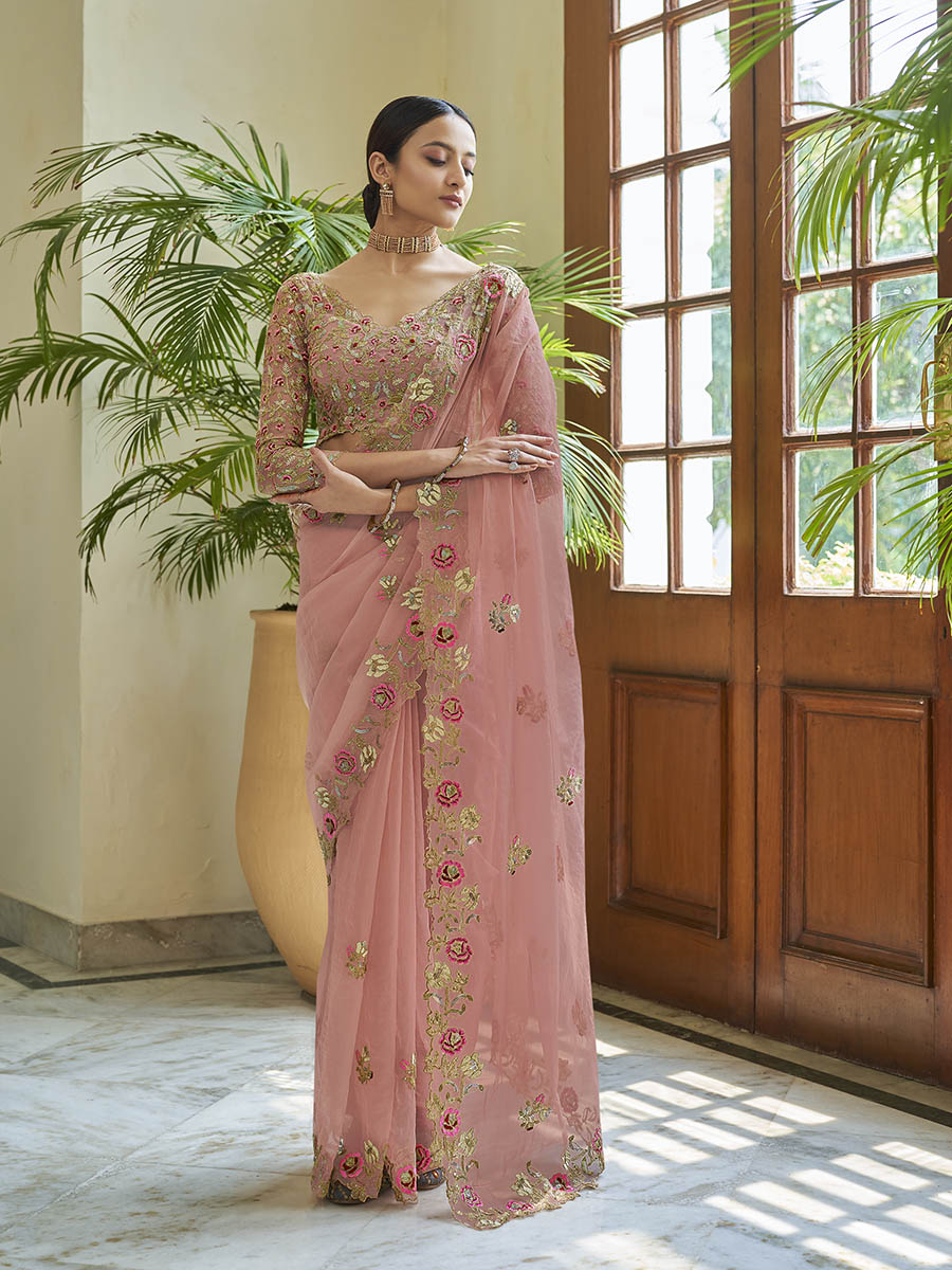 Myra Peach Embroidered Organza Fancy Saree