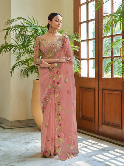 Myra Peach Embroidered Organza Fancy Saree