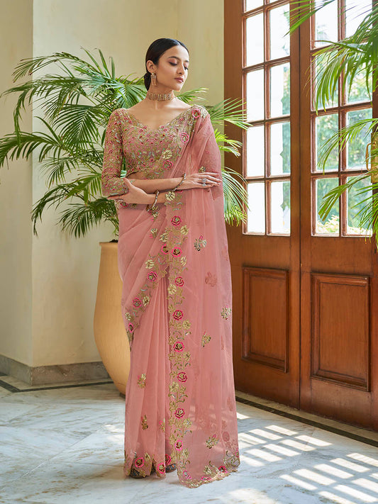 Myra Peach Embroidered Organza Fancy Saree