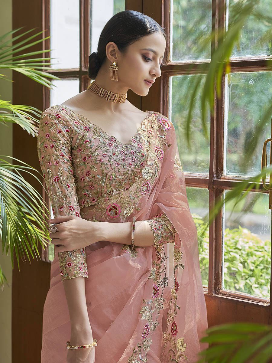 Myra Peach Embroidered Organza Fancy Saree
