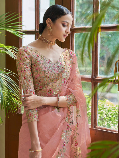 Myra Peach Embroidered Organza Fancy Saree