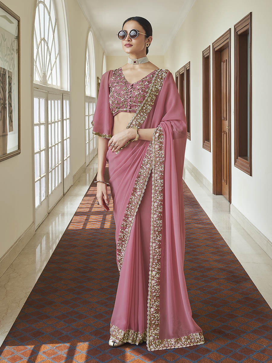 Myra Pink Embroidered Georgette Fancy Saree