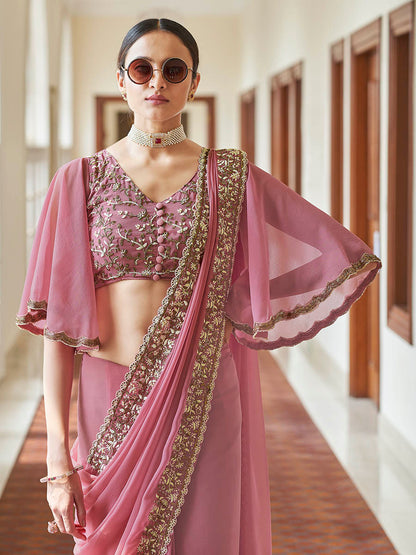 Myra Pink Embroidered Georgette Fancy Saree