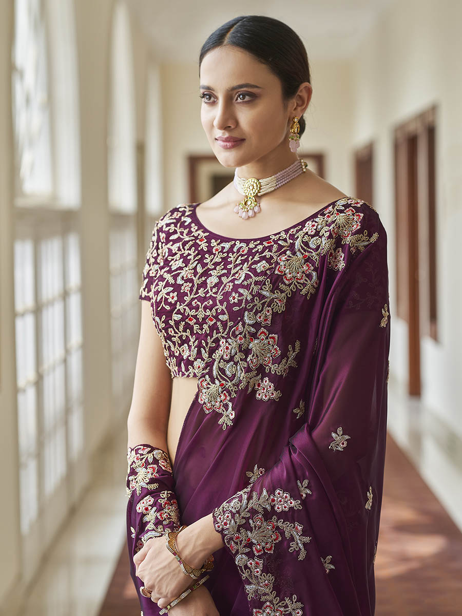Myra Purple Embroidered Crepe Fancy Saree