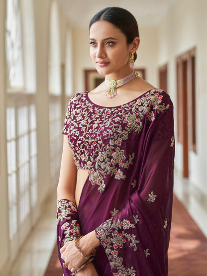 Myra Purple Embroidered Crepe Fancy Saree