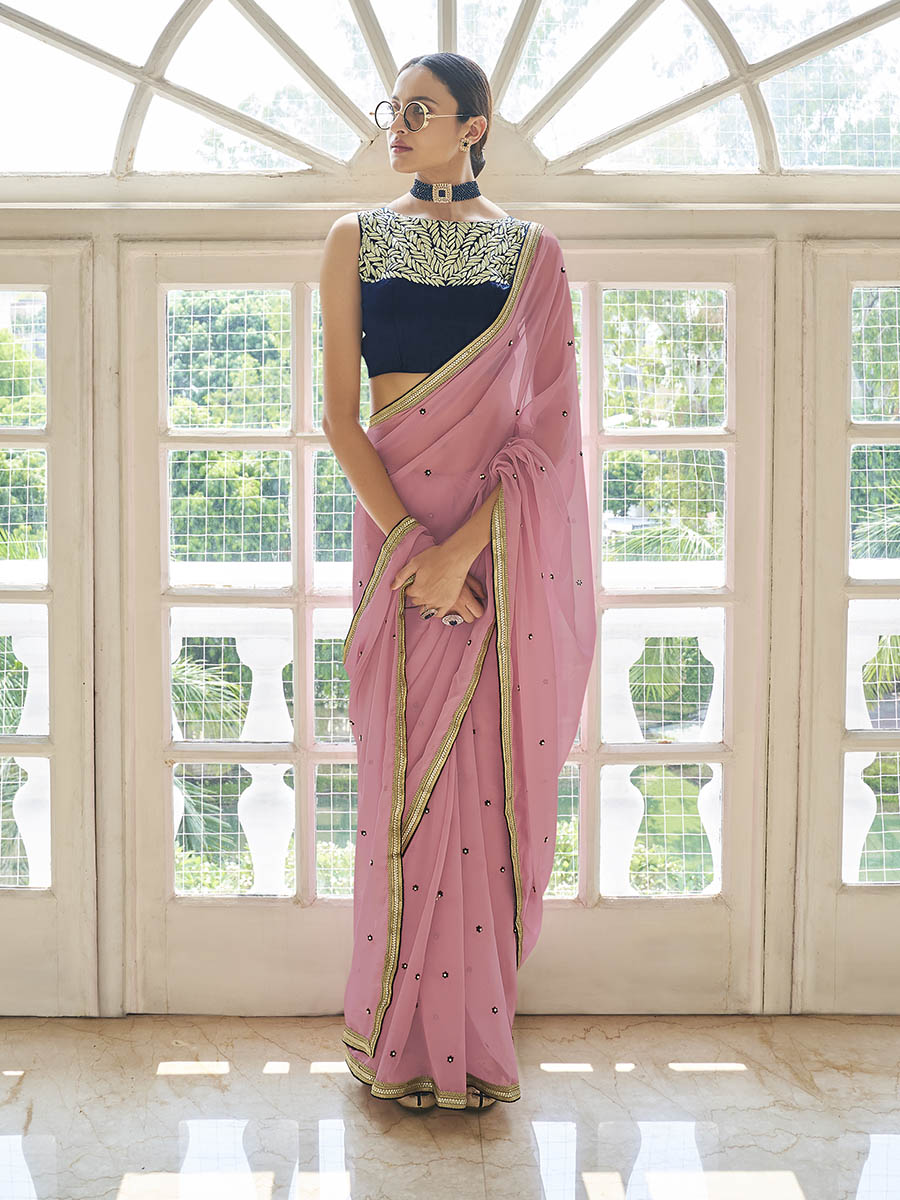 Myra Peach Embroidered Georgette Fancy Saree