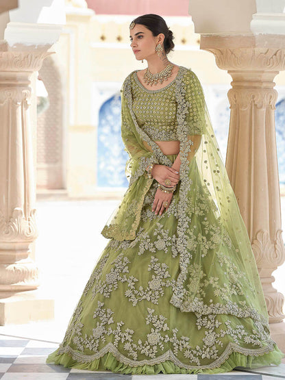 Myra Olive Green Net Embroidered Lehenga