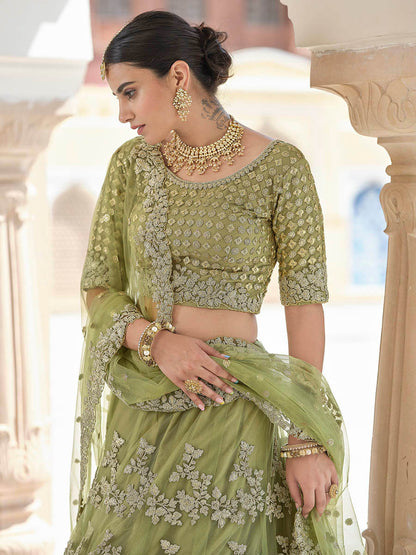 Myra Olive Green Net Embroidered Lehenga