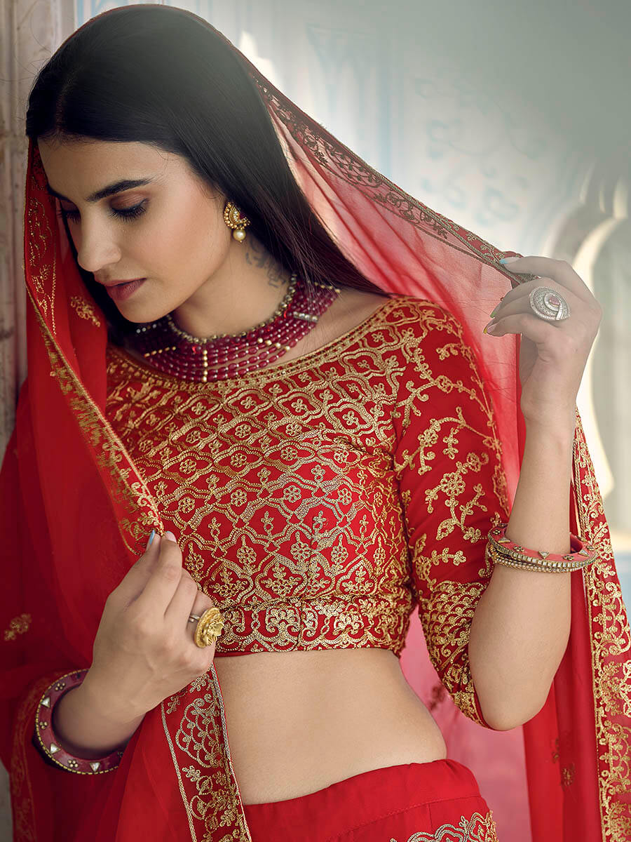 Myra Red Gorgette Embroidered Lehenga
