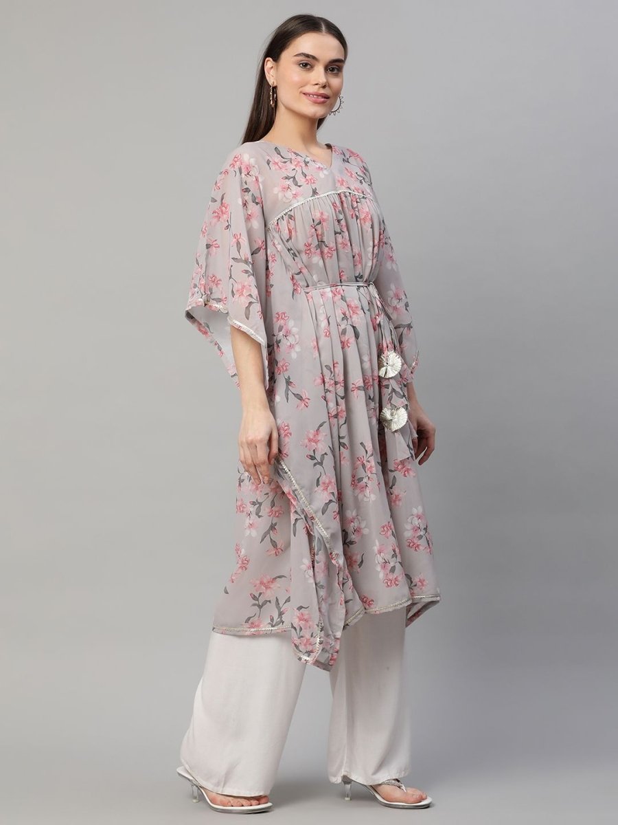Ahalyaa Women Grey Georgette Floral Printed Kaftan Kurta