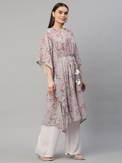 Ahalyaa Women Grey Georgette Floral Printed Kaftan Kurta
